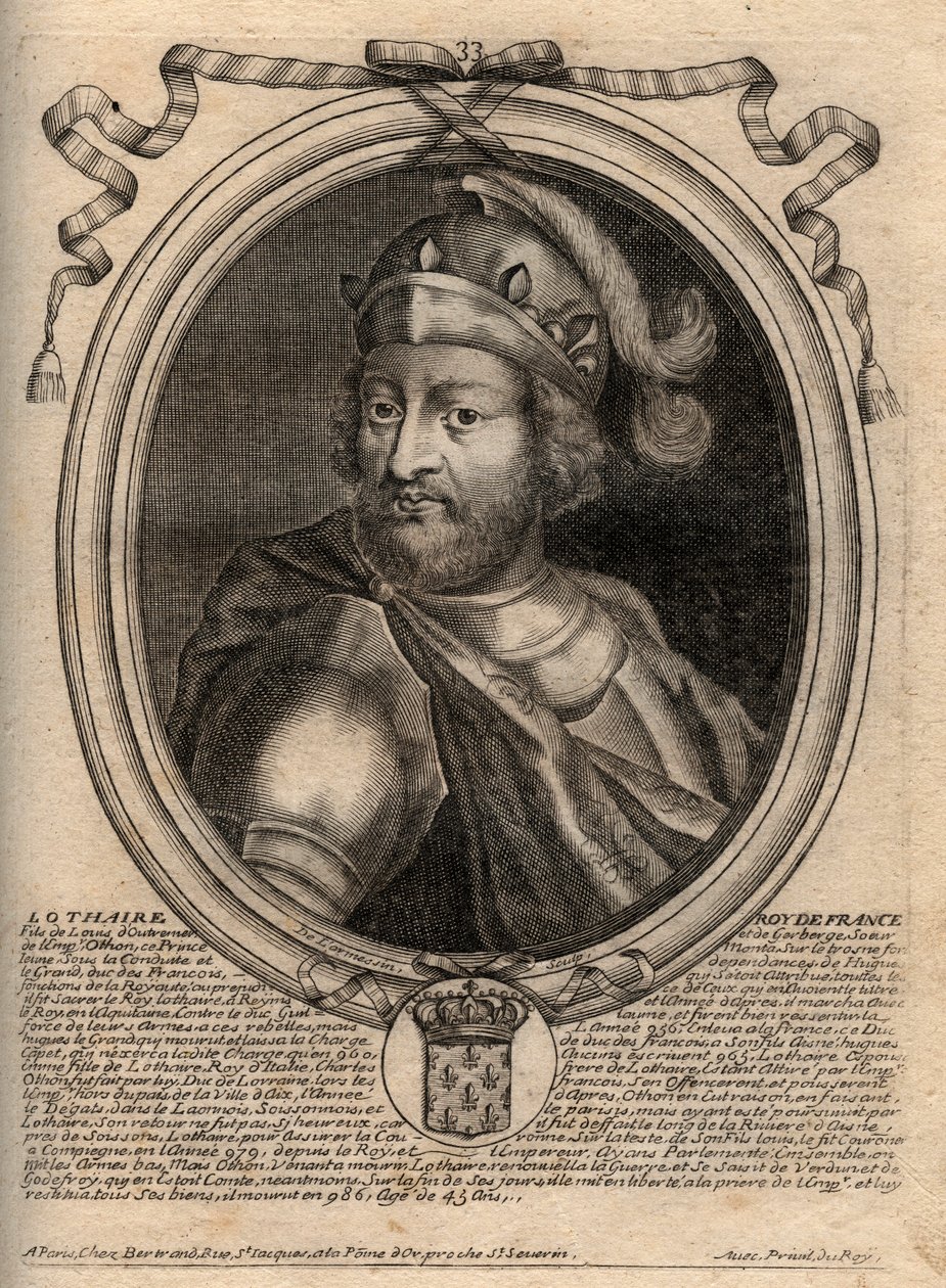 Lothairin (941 - 986), frankkien kuninkaan muotokuva - Lothair (941-986) Ranskan kuningas - kaiverrus teoksesta "Les Augustes Representations de tous les Kings de France from Pharamond to LouisXIV", Pariisi tekijältä de Larmessin