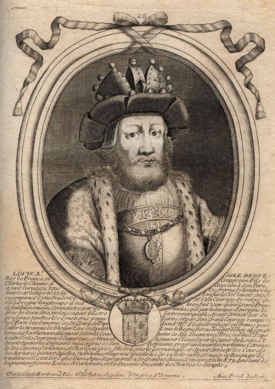 Ludvig II Begue tai Faineant (846 - 879), frangin kuninkaan muotokuva - Ludvig II:n Stammerer 848 - 879 - kaiverrus teoksesta "Les Augustes Representations de tous les Kings de France from Pharamond to LouisXIV", Pariisi tekijältä de Larmessin