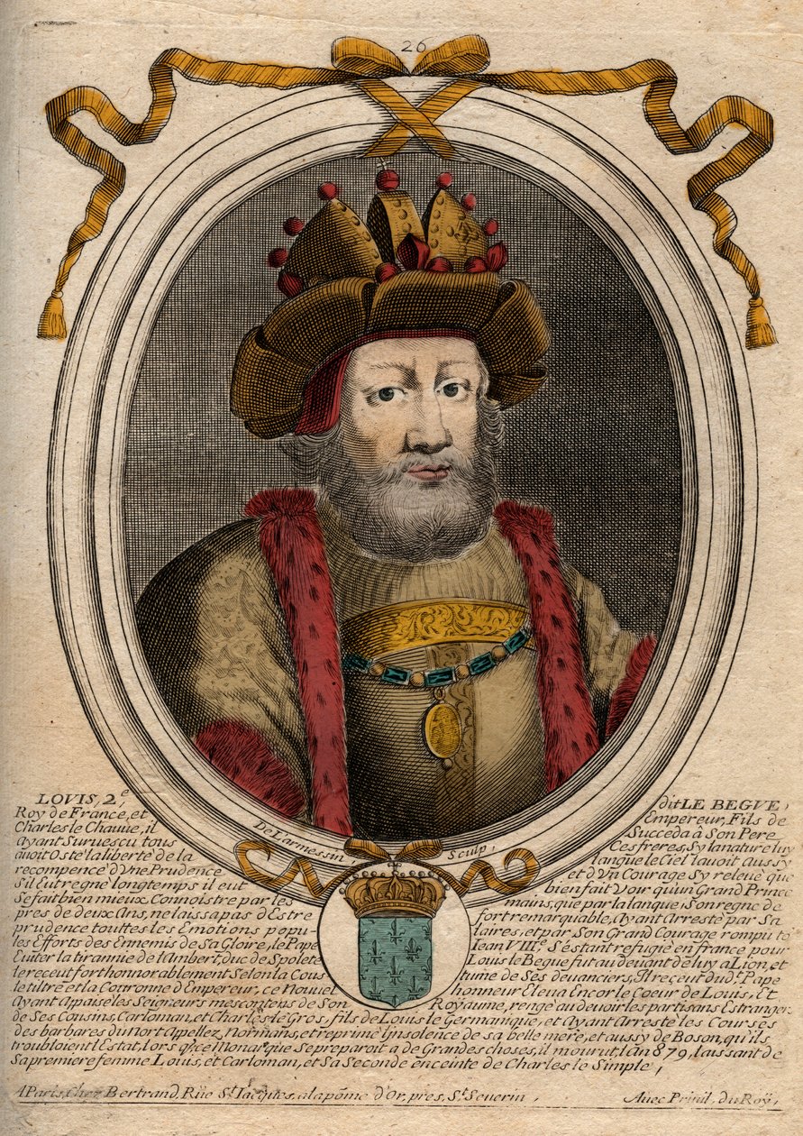 Ludvig II Begue tai Faineant (846 - 879), frangien kuninkaan muotokuva - Ludvig II Stammerer 848-879 - kaiverrus teoksesta "Les Augustes Representations de tous les Kings de France from Pharamond to LouisXIV", Pariisi tekijältä de Larmessin