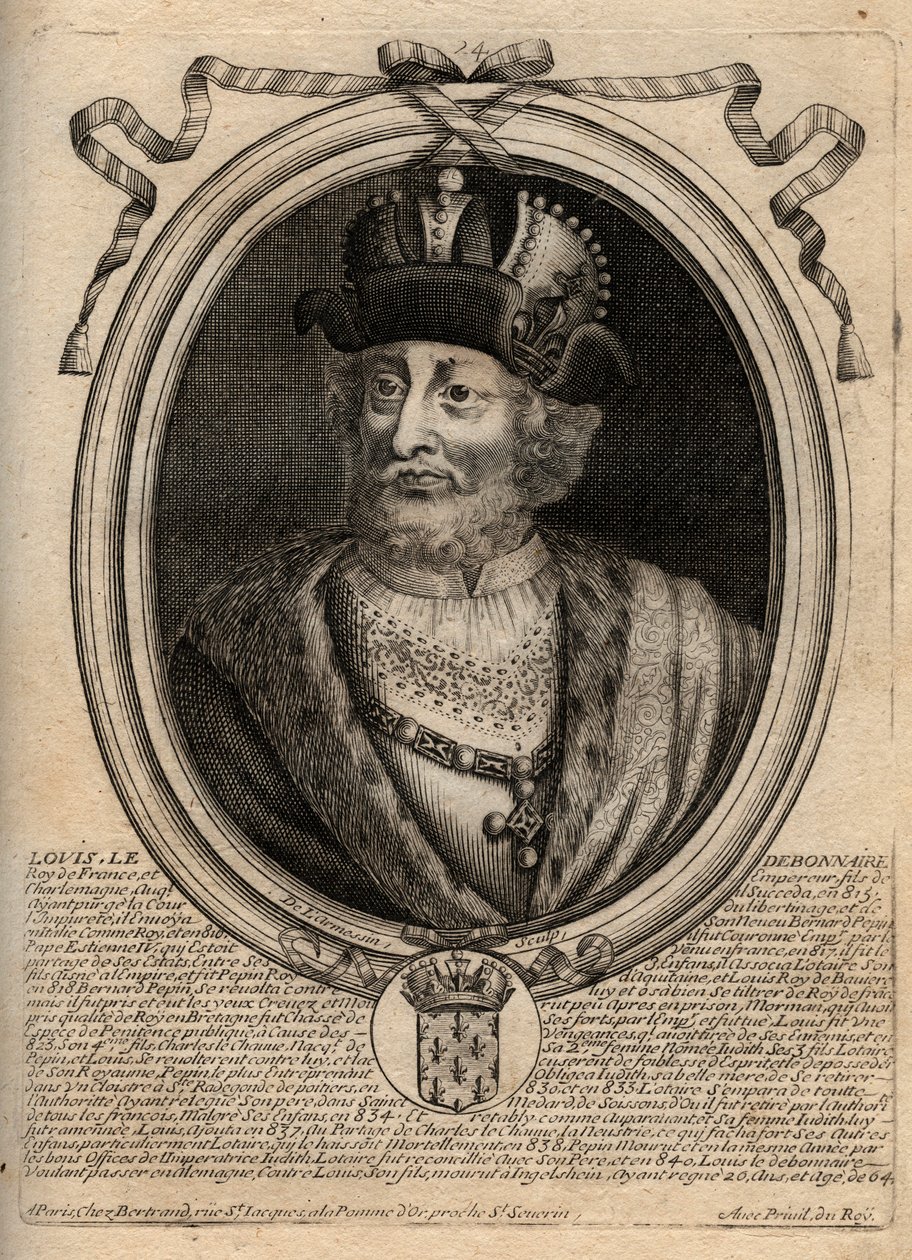 Ludvig I hurskaan (778-840), Ranskan kuninkaan muotokuva - Ludvig I hurskas (778-840) Pyhän Rooman keisari - kaiverrus teoksesta "Les Augustes Representations de tous les Kings de France from Pharamond to LouisXIV", Pariisi tekijältä de Larmessin