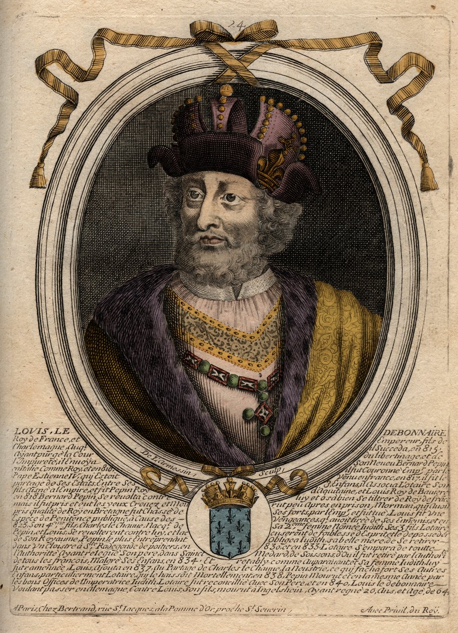 Ludvig I hurskaan tai "" Debonnairen" (778-840), Ranskan kuninkaan muotokuva - Ludvig I hurskaan (778-840) Ranskan kuningas, Pyhän Rooman keisari - kaiverrus teoksesta "Les Augustes Representations de tous les" Kings de France Pharamondista LouisXIV:hen Pa tekijältä de Larmessin