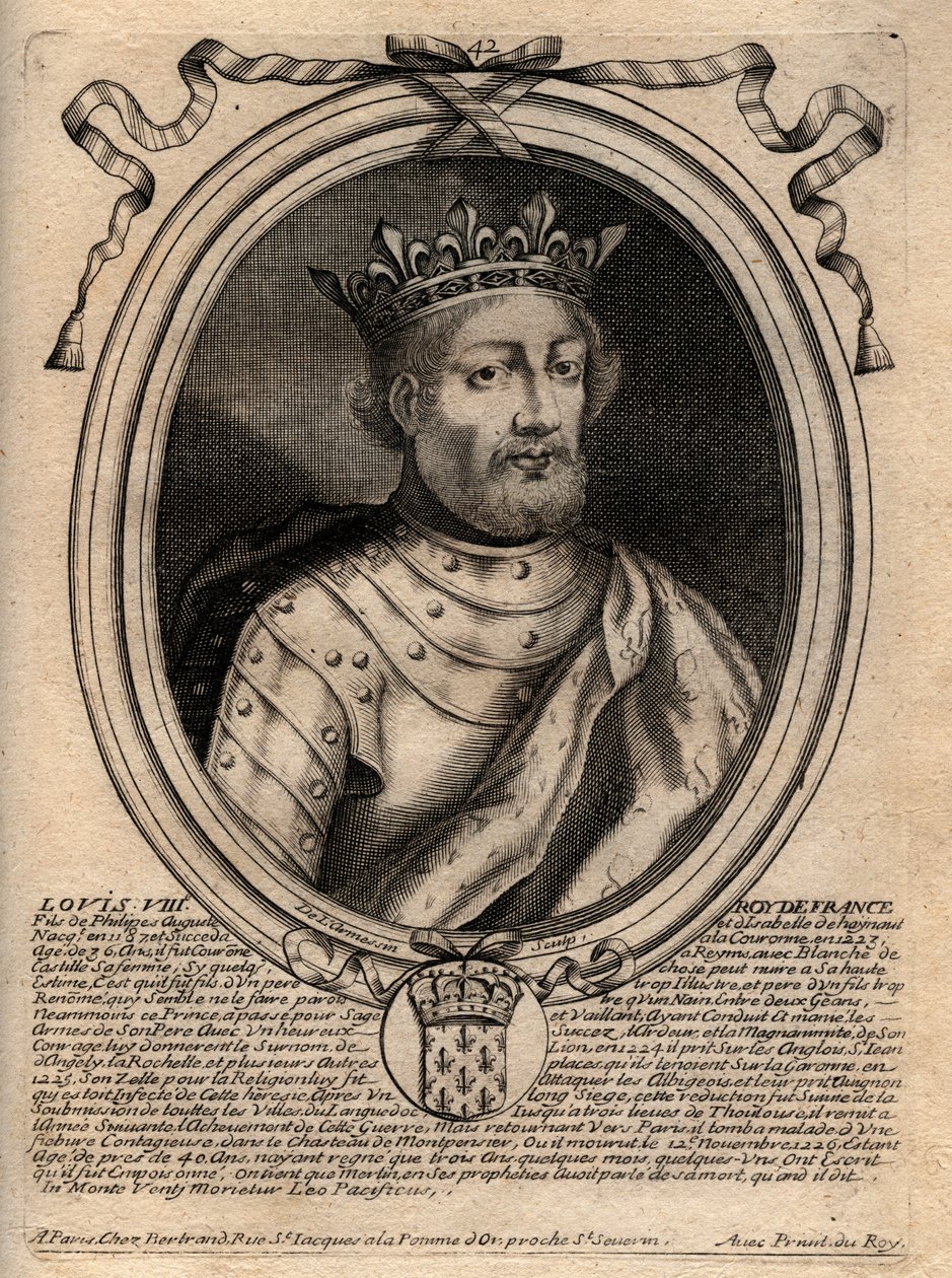 Ludvig VIII:n (1187 - 1226), Ranskan kuninkaan - Ludvig VIII:n (1187-1226) Ranskan kuninkaan muotokuva - kaiverrus teoksesta "Les Augustes: Kaikkien Ranskan kuninkaiden esitykset Pharamondista LouisXIV:hen", Pariisi tekijältä de Larmessin