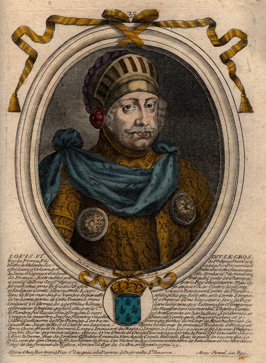 Ludvig VI:n muotokuva, nimeltään The Fat - kaiverrus teoksesta "Les Augustes Representations de tous les Kings de France from Pharamond to LouisXIV", Pariisi tekijältä de Larmessin