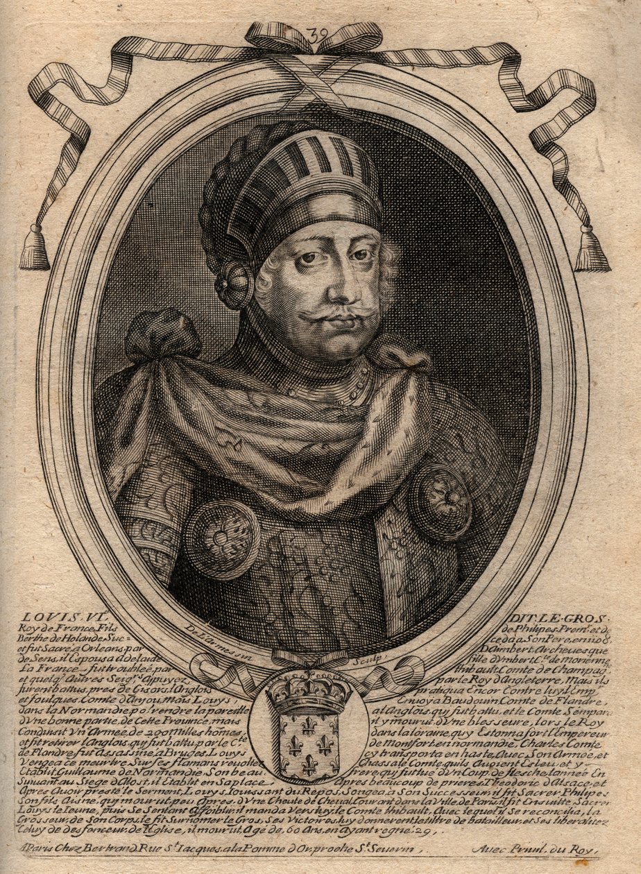 Ludvig VI:n muotokuva, nimeltään The Fat - kaiverrus teoksesta "Les Augustes Representations de tous les Kings de France from Pharamond to LouisXIV", Pariisi tekijältä de Larmessin