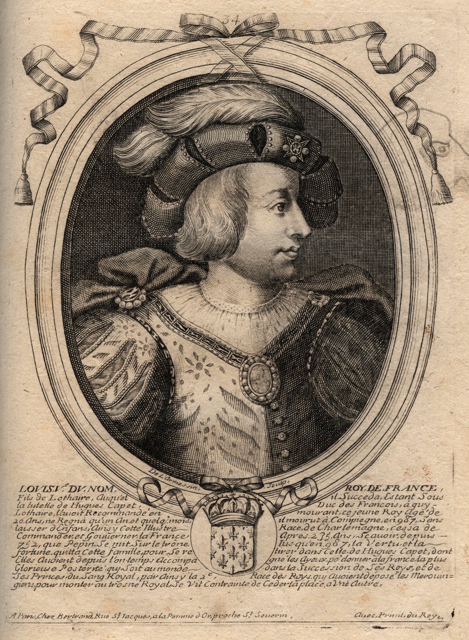 Ludvig V Faineantin (967 - 987), Ranskan kuninkaan muotokuva - Louis V Indolent (967-987) kaiverrus teoksesta "Les Augustes Representations de tous les Kings de France from Pharamond to LouisXIV", Pariisi tekijältä de Larmessin