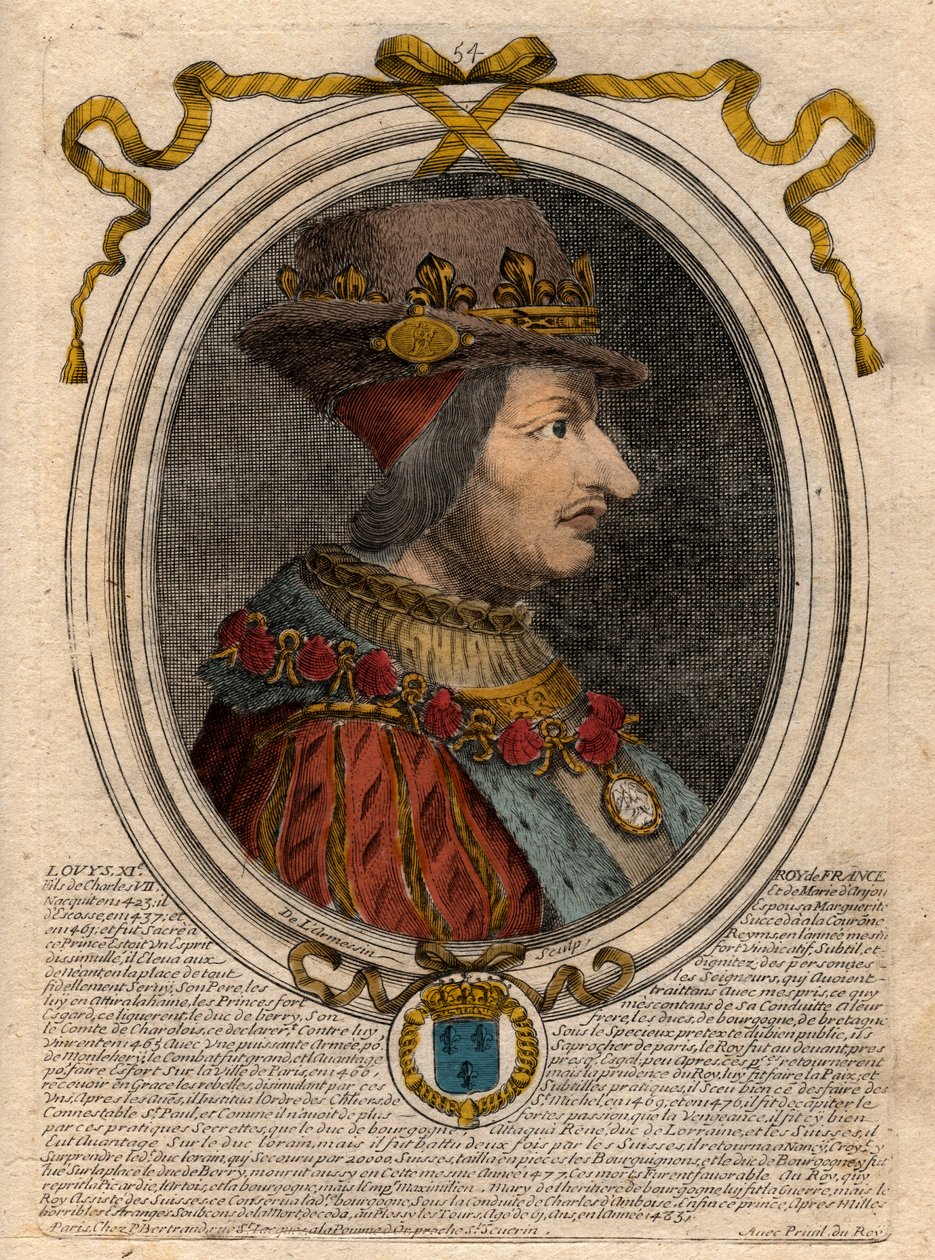 Ludvig XI:n (1423-1483), Ranskan kuninkaan muotokuva - Ludvig XI:n (1423-1483), Ranskan kuninkaan muotokuva - kaiverrus teoksesta "Les Augustes Representations de tous les Kings de France from Pharamond to LouisXIV", Pariisi tekijältä de Larmessin