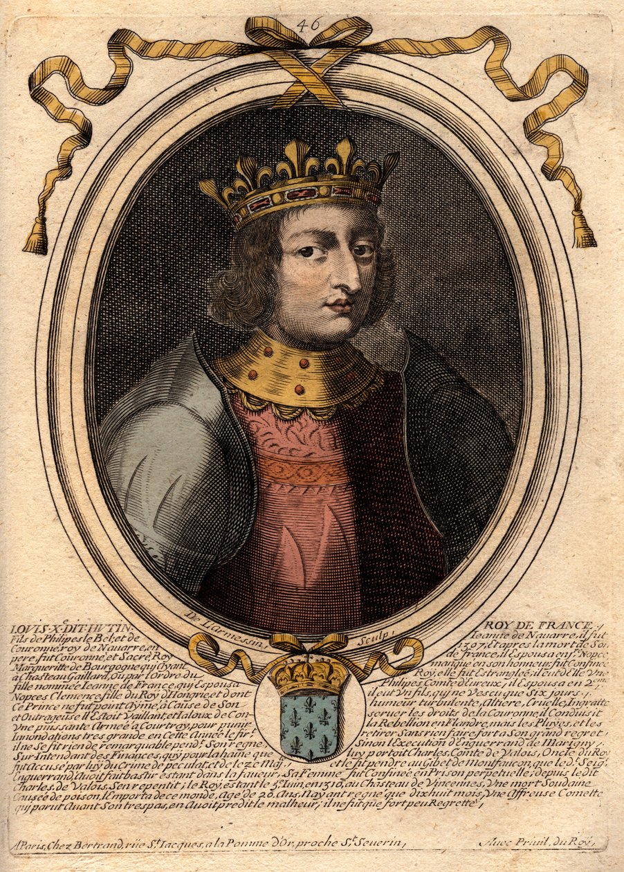 Ludvig X:n Hutinin (1289 - 1316), Ranskan kuninkaan - Ludvig X:n (1289-1316) Itsepäinen, Ranskan ja Navarran kuninkaan muotokuva - kaiverrus teoksesta "Les Augustes Representations de tous les Kings de France from Pharamond to LouisXIV", Pariisi tekijältä de Larmessin
