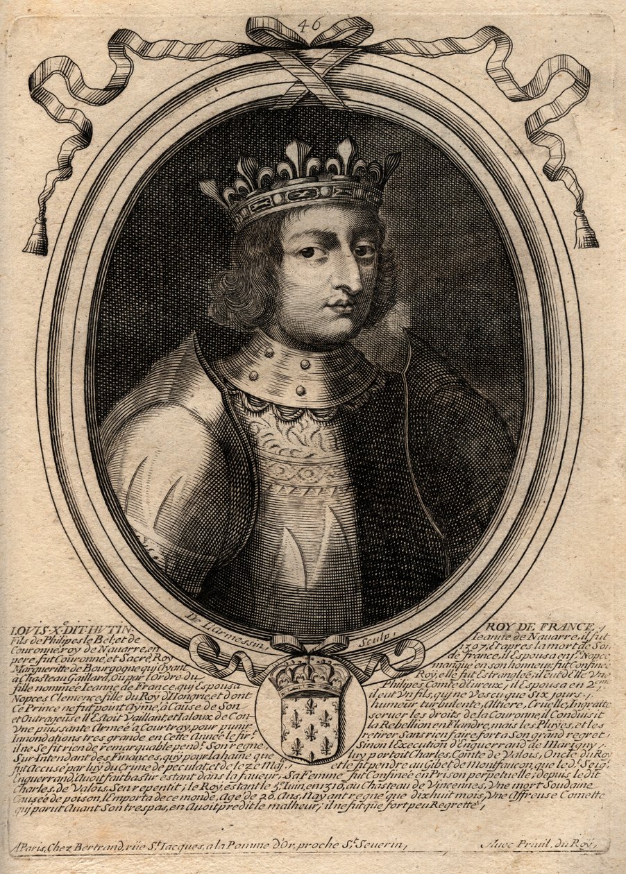 Ludvig X:n Hutinin (1289 - 1316), Ranskan kuninkaan - Ludvig X:n (1289-1316) Itsepäinen, Ranskan ja Navarran kuninkaan muotokuva - kaiverrus teoksesta "Les Augustes Representations de tous les Kings de France from Pharamond to LouisXIV", Pariisi tekijältä de Larmessin