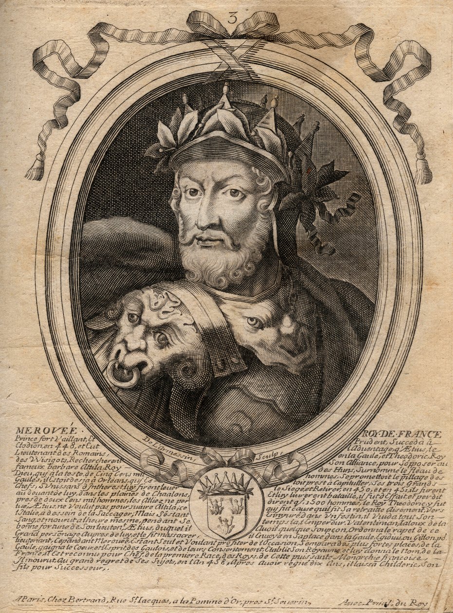 Muotokuva Meroveesta tai Merovech Roi francista (v. 458) Merovingien rodun ensimmäinen kuningas - Merovechin (Meroveuksen) muotokuva (k. 456) Salian frankkien kuninkaan muotokuva - kaiverrus Les Augustes Representations de tous les Kings de Francesta Phara tekijältä de Larmessin
