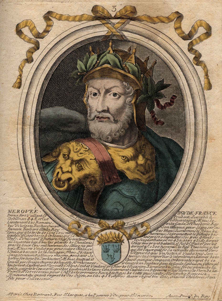 Muotokuva Meroveesta tai Merovechistä, frangikuningas (v448-v458), ensimmäinen Merovingialaisen rodun kuningas - Muotokuva Merovechista (Meroveus) (d456) Salian frankkien kuningas - kaiverrus 