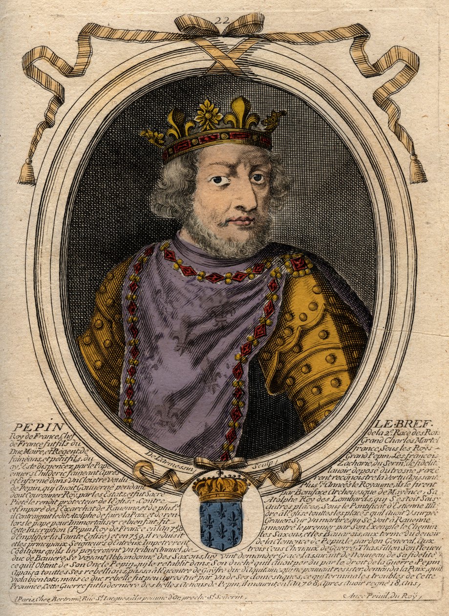 Muotokuva: Pepin III dit Pepin le Brief (714-768) Ranskan kuningas - Pepin III (714-768) (Pepin Lyhyt) frankkien kuningas - kaiverrus teoksesta "Les Augustes Representations de tous les Kings de France Pharamondista LouisXIV:hen" 