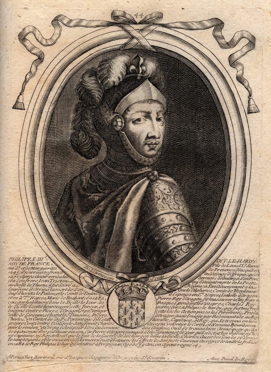 Muotokuva Philip III:sta Ranskasta, dit Philippe le Hardi (1245-1285) (Kapetian dynastia) - Filipp III:ta kutsuttiin rohkeaksi Ranskan kuninkaaksi - kaiverrus teoksesta "Les Augustes Representations de tous les Kings de France Pharamondista LudvigXIV:hen", tekijältä de Larmessin