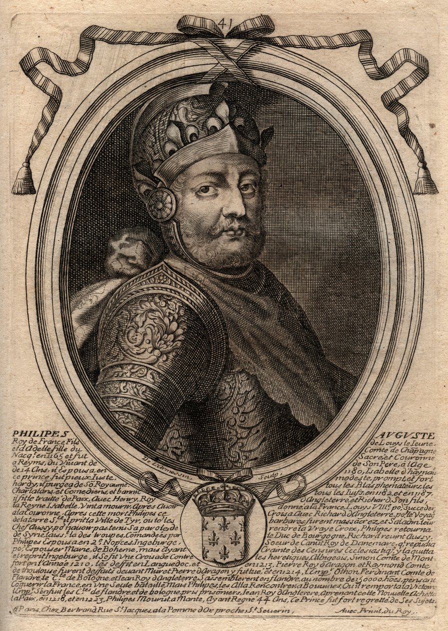 Philip II dit Philippe Auguste (1165-1223) muotokuva - Philip Augustus II (1165-1223) Ranskan kuningas - kaiverrus teoksesta "Les Augustes Representations de tous les Kings de France from Pharamond to LouisXIV", Pariisi tekijältä de Larmessin