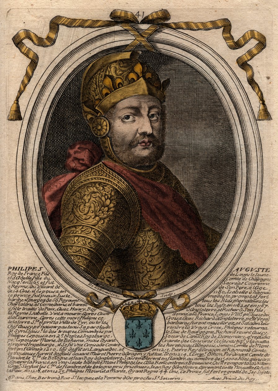 Philip II dit Philippe Auguste (1165-1223) muotokuva - Philip Augustus II (1165-1223) Ranskan kuningas - kaiverrus teoksesta "Les Augustes Representations de tous les Kings de France from Pharamond to LouisXIV", Pariisi tekijältä de Larmessin