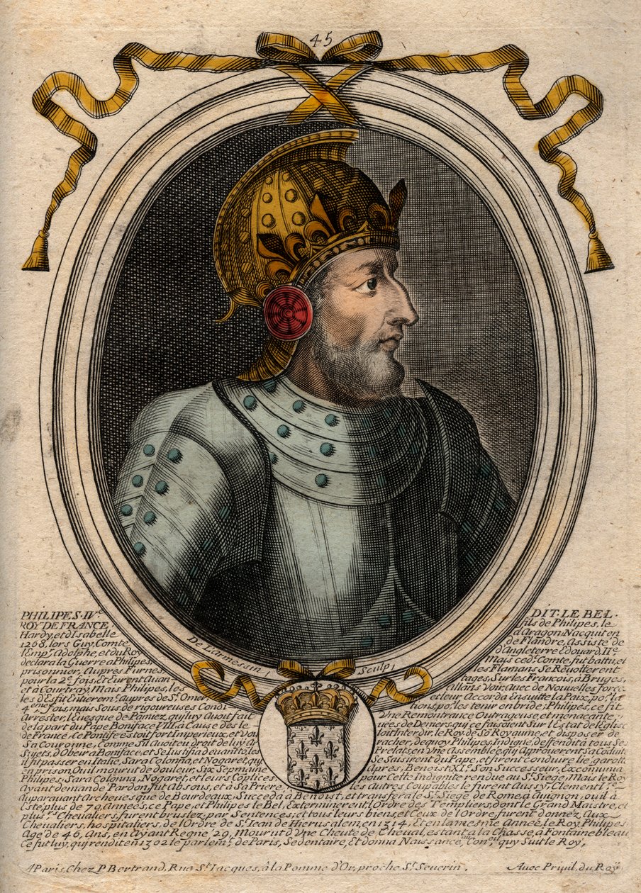 Muotokuva Philip IV Belistä (1268 - 1314), Ranskan kuningas - Philip IV Kaunis (1268-1314) Ranskan kuningas - kaiverrus teoksesta "Les Augustes Representations de tous les Kings de France from Pharamond to LouisXIV", Pariisi tekijältä de Larmessin
