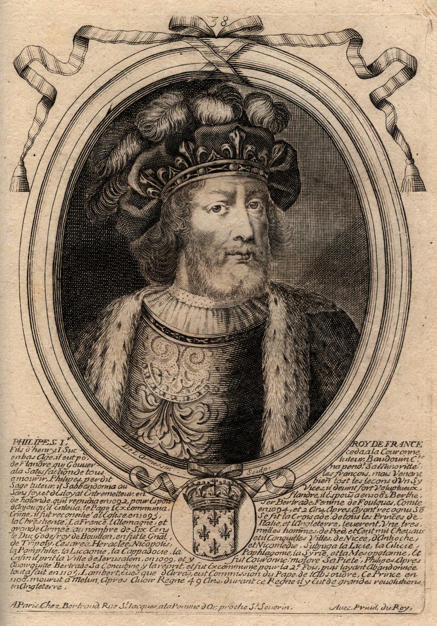 Muotokuva Philip I:stä (1060 - 1108), Ranskan kuningas - Philip I (1053-1108) Ranskan kuningas - kaiverrus teoksesta "Les Augustes: Kaikkien Ranskan kuninkaiden esitykset Pharamondista LudvigXIV:hen", Pariisi tekijältä de Larmessin
