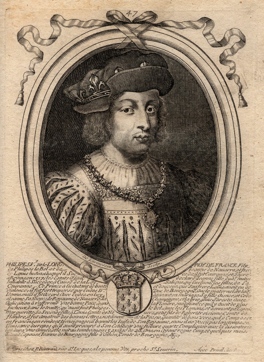 Philip V Pitkän (1294 - 1322), Ranskan kuninkaan muotokuva - Philip V (1294-1322) "Pitkä" - kaiverrus teoksesta "Les Augustes: Kaikkien Ranskan kuninkaiden esitykset Pharamondista LudvigXIV:hen", Pariisi tekijältä de Larmessin