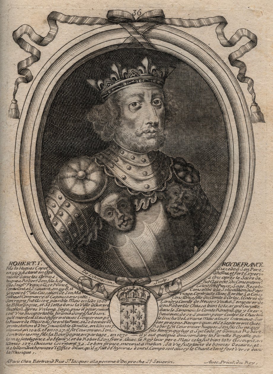 Muotokuva Robert II hurskasta (n. 972 - 1031), Ranskan kuningas - kuningas Robert II, jota kutsutaan hurskaksi - kaiverrus teoksesta "Les Augustes Representations de tous les Kings de France from Pharamond to LouisXIV", Pariisi tekijältä de Larmessin