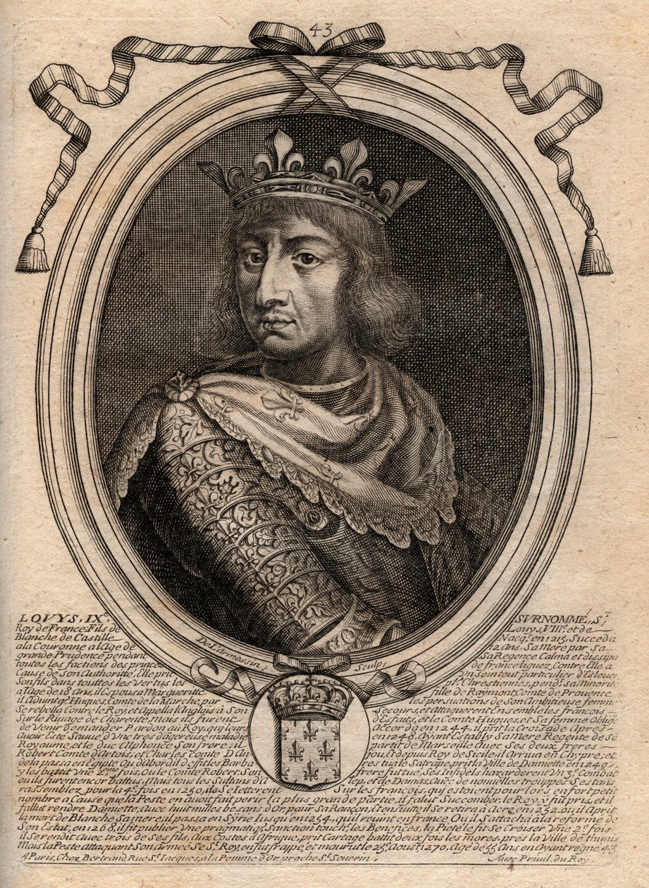Muotokuva Saint Louisista (Saint-Louis, Louis IX (1214-1270) - Saint Louis IX (1214-70) Ranskan kuningas - kaiverrus teoksesta "Les Augustes: Kaikkien Ranskan kuninkaiden esitykset Pharamondista LouisXIV:hen", Pariisi tekijältä de Larmessin