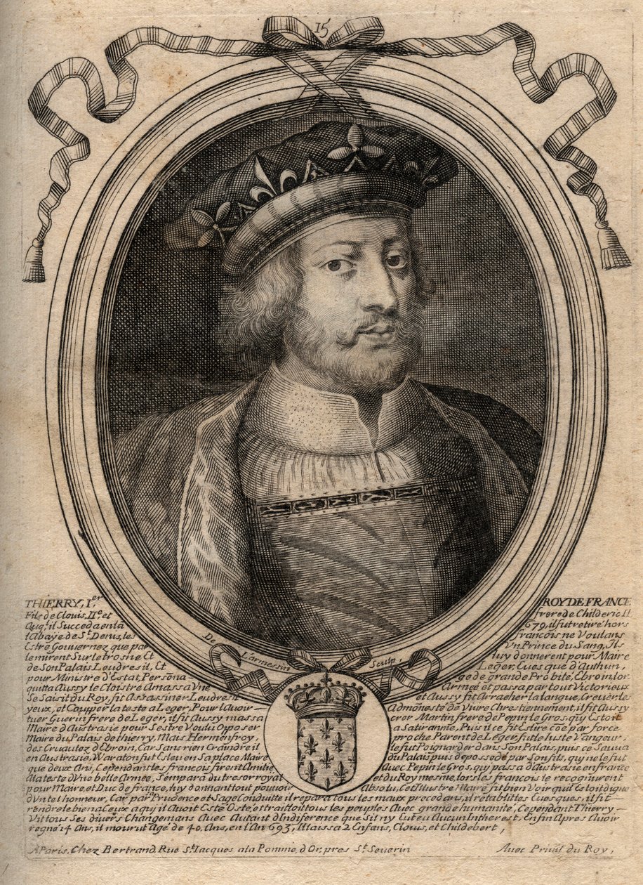 Muotokuva Thierry III:sta (n. 657-691), Neutrian frankkien kuninkaan (673-675) ja kaikkien frankkien kuninkaan (679-691) kirjaan on kirjoitettu "" Thierry I""", mutta se on virhe - Theuderik III (Theuderich, Theoderic, Theodoric), Neutrian kuningas (673-67 tekijältä de Larmessin