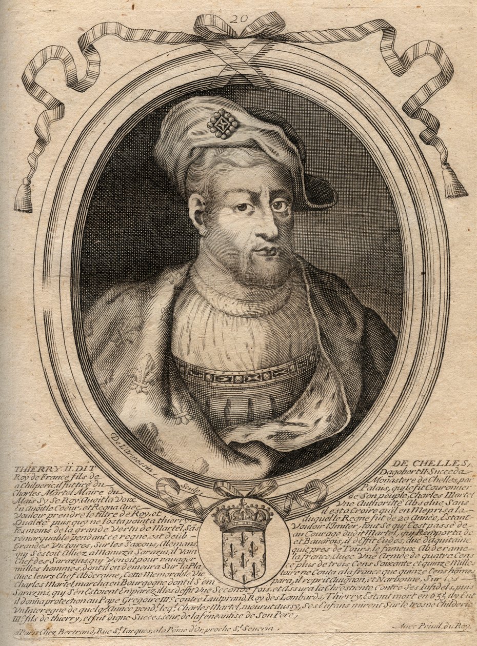 Muotokuva frankkien kuninkaan Thierry IV:stä (713-737) 721-737 - THIERRY IV (Theodoric) frankkien kuningas - kaiverrus teoksesta "Les Augustes Representations de tous les Kings de France from Pharamond to LouisXIV", Pariisi tekijältä de Larmessin