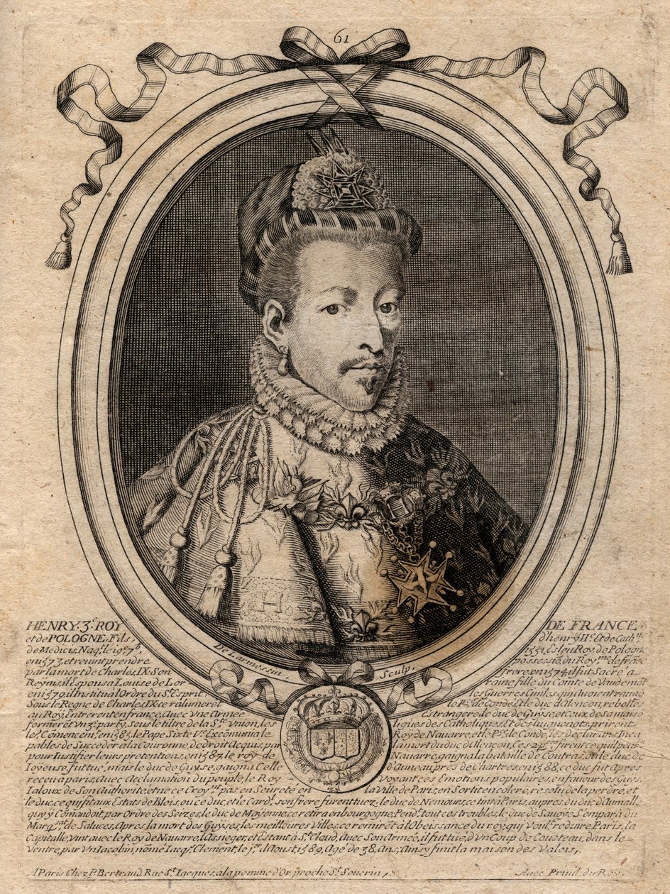 Ranskan kuninkaan Henrik III:n (1551-1589) muotokuva - Ranskan kuninkaan Henrik III:n (1551-89) muotokuva - kaiverrus teoksesta "Les Augustes Representations de tous les Kings de France from Pharamond to LouisXIV", Pariisi tekijältä de Larmessin
