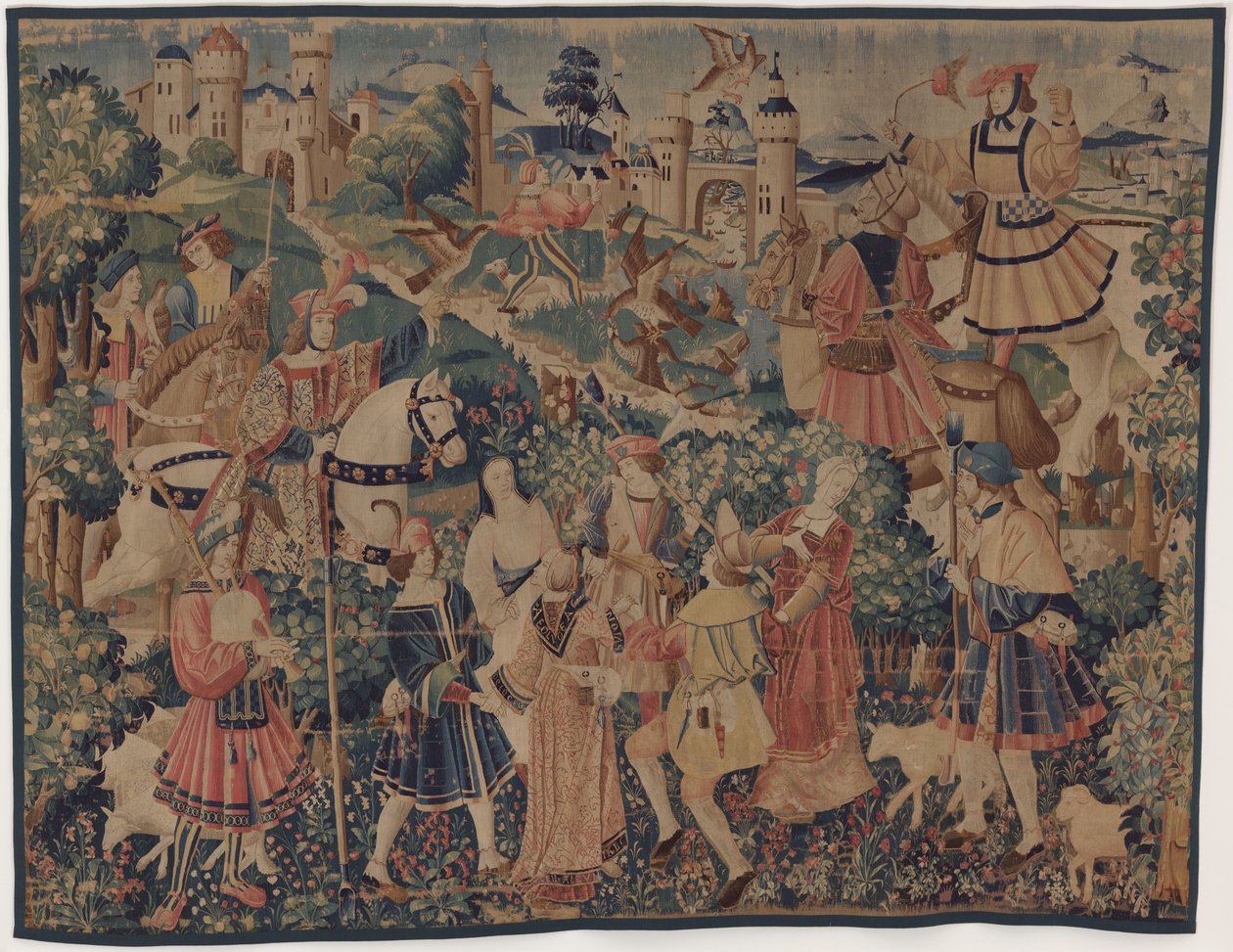 Metsästys ja pastoraalikohtaukset säkkipillin ja tanssijoiden kanssa tekijältä design probably French 16th Century, Paris; woven in southern Netherlands or Paris in an undetermine workshop