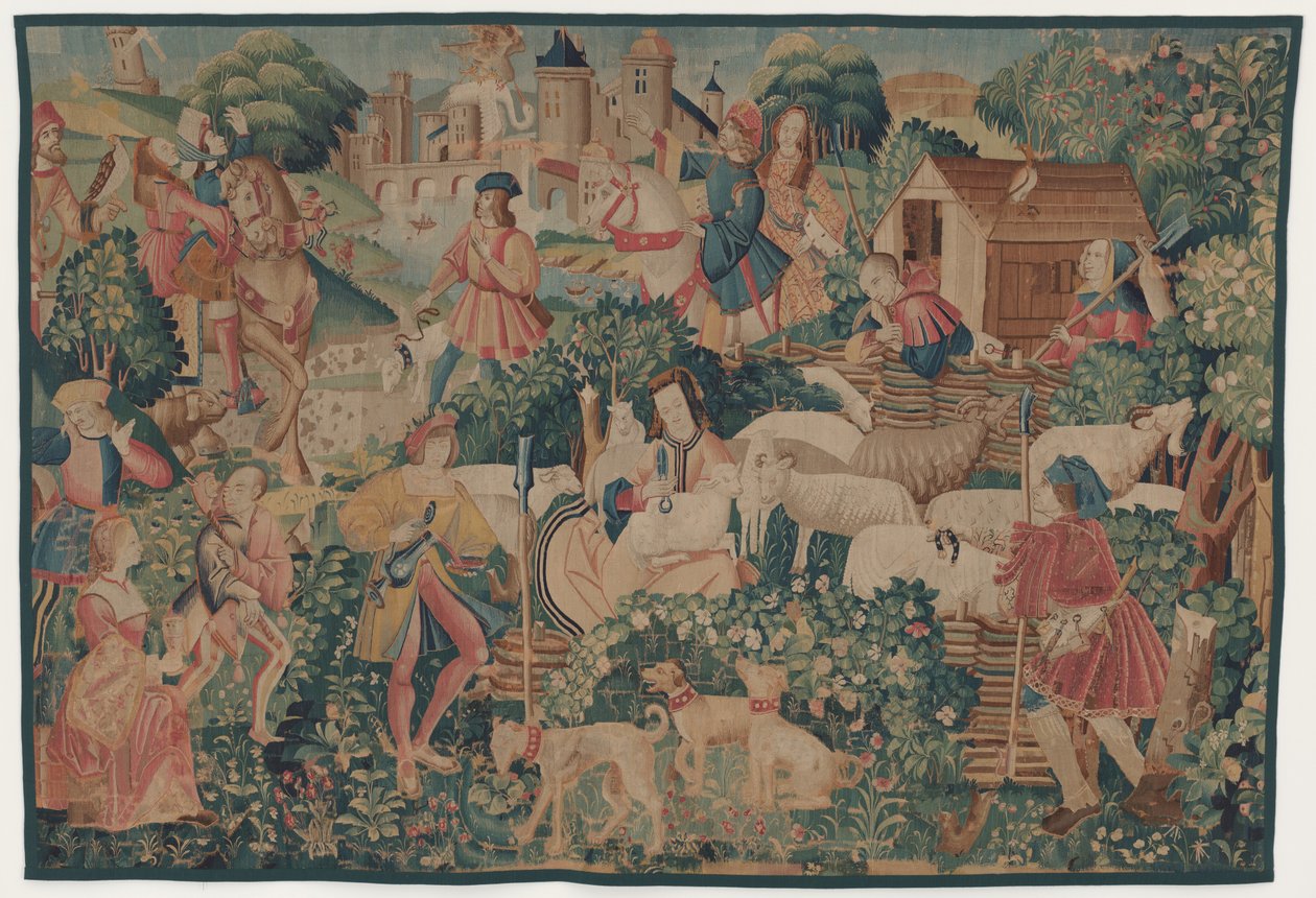 Metsästys ja pastoraalikohtaukset, paimentaren keraaminen tekijältä design probably French 16th Century, Paris; woven in southern Netherlands or Paris in an undetermine workshop