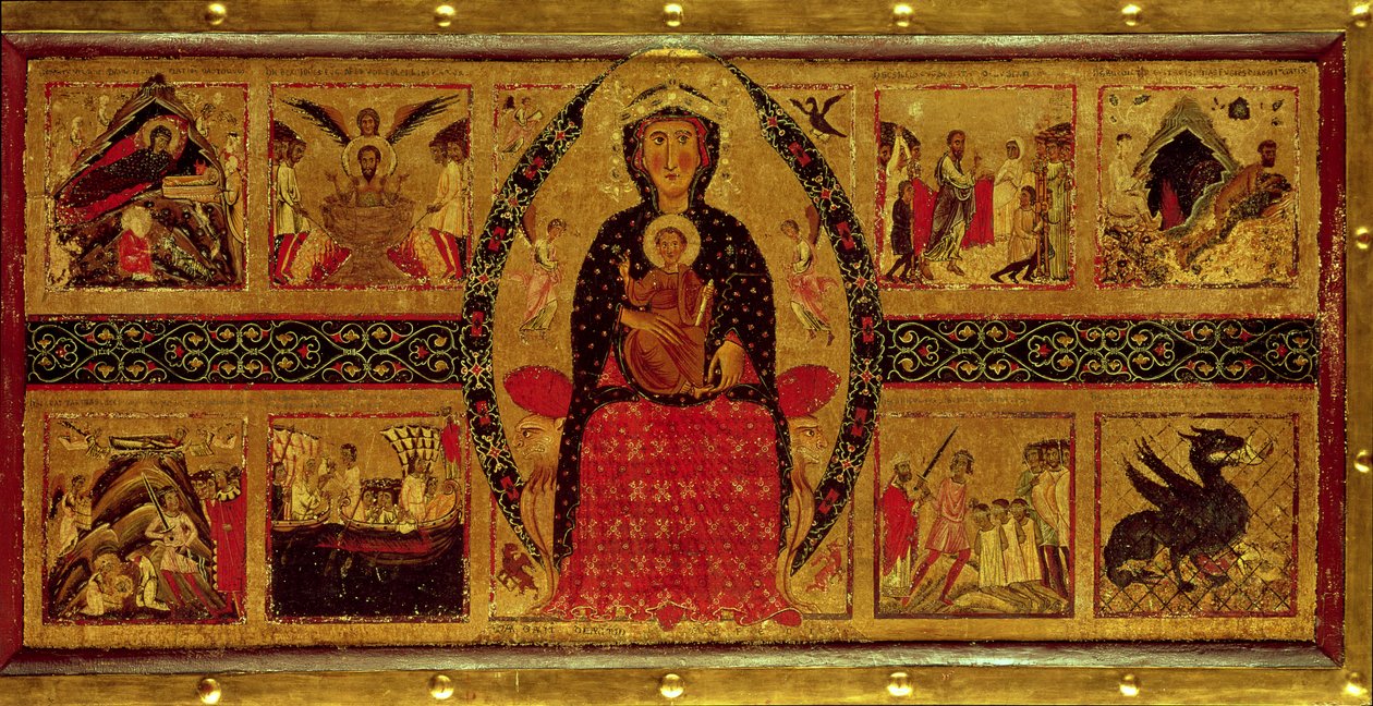 Neitsyt ja lapsi valtaistuimella, kohtauksia syntymästä ja pyhien elämästä, 1260 tekijältä di Magnano da Arezzo Margaritone