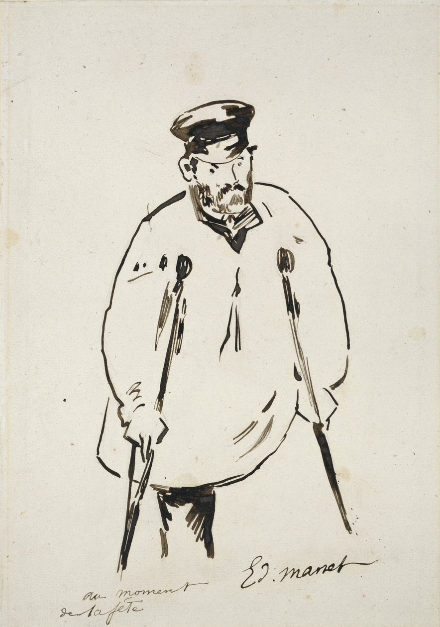 Mies kainalosauvoilla (grafiitti, ruokokynällä ja mustalla musteella hienokuvioisella valkoisella paperilla) tekijältä Édouard Manet