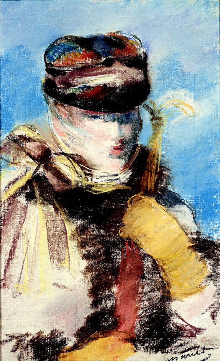 Mery Laurent hunnussa (pastelli, guassi ja öljy) tekijältä Édouard Manet