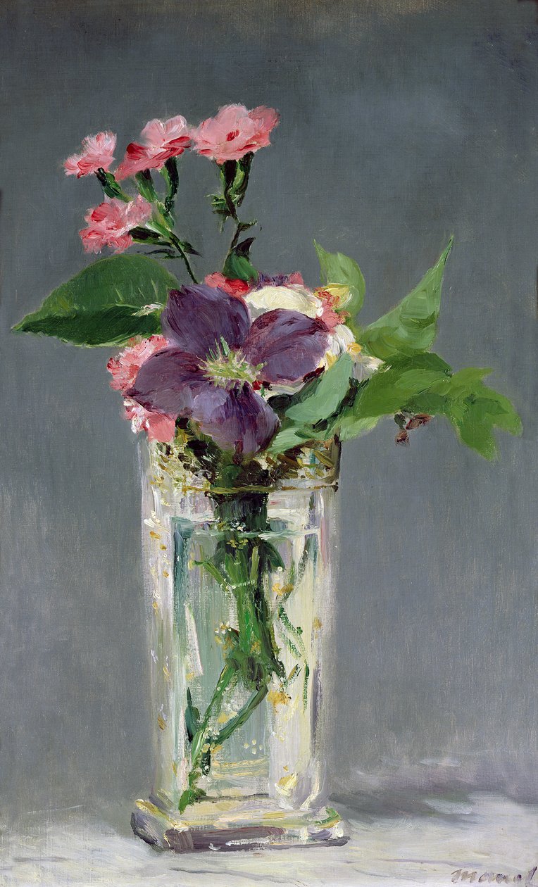 Pinkit ja Clematis kristallimaljakossa, n. 1882 tekijältä Édouard Manet