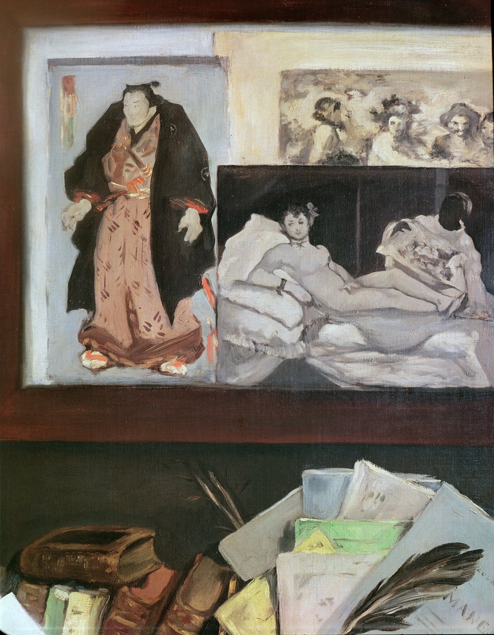 Muotokuva Emile Zolasta (1840 - 1902) (yksityiskohta oikeasta yläseinästä, jossa on japanilaisia printtejä, "Olympia" ja Velasquezin "Bacchus"), 1868 tekijältä Édouard Manet