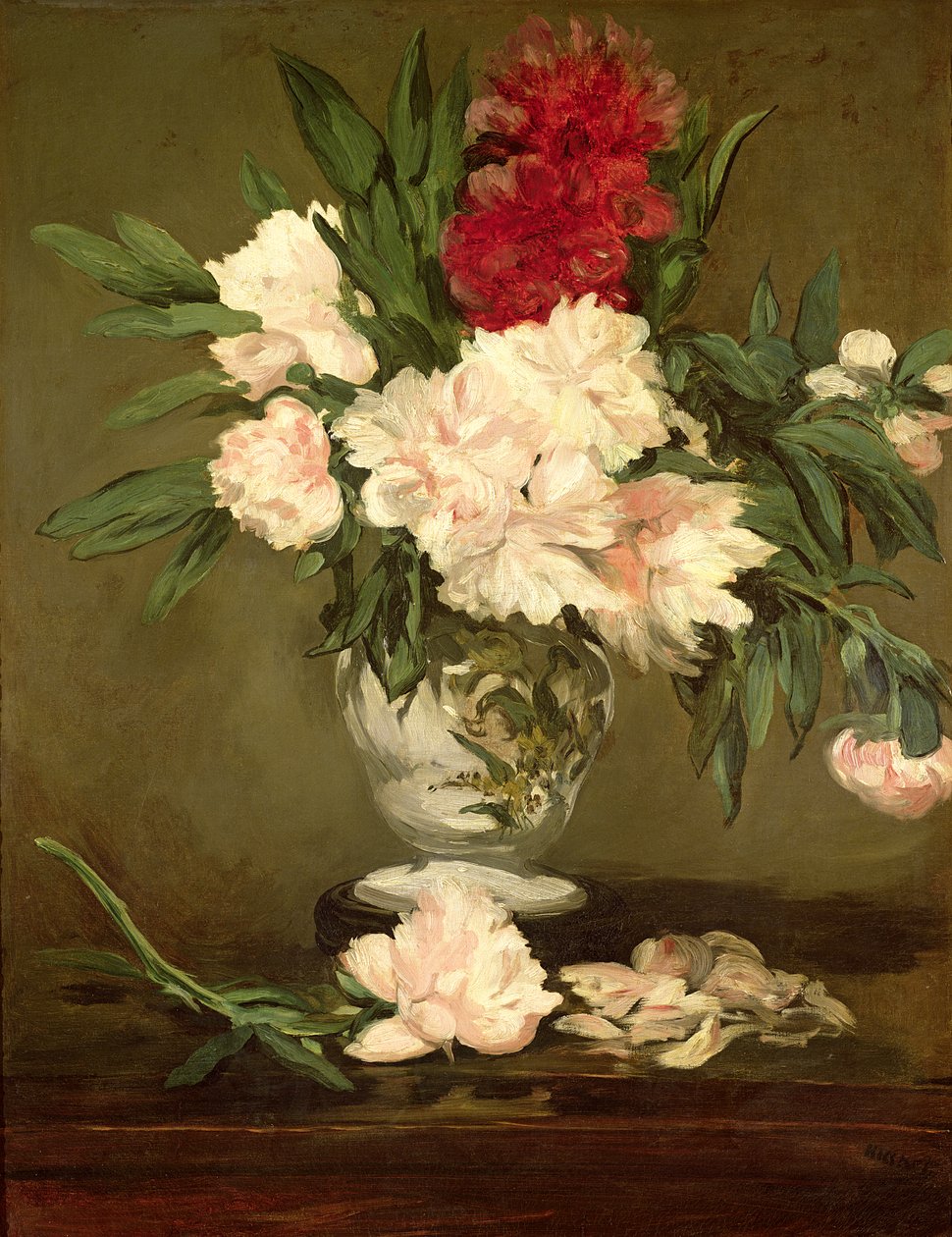 Pionien maljakko pienellä jalustalla, 1864 tekijältä Édouard Manet