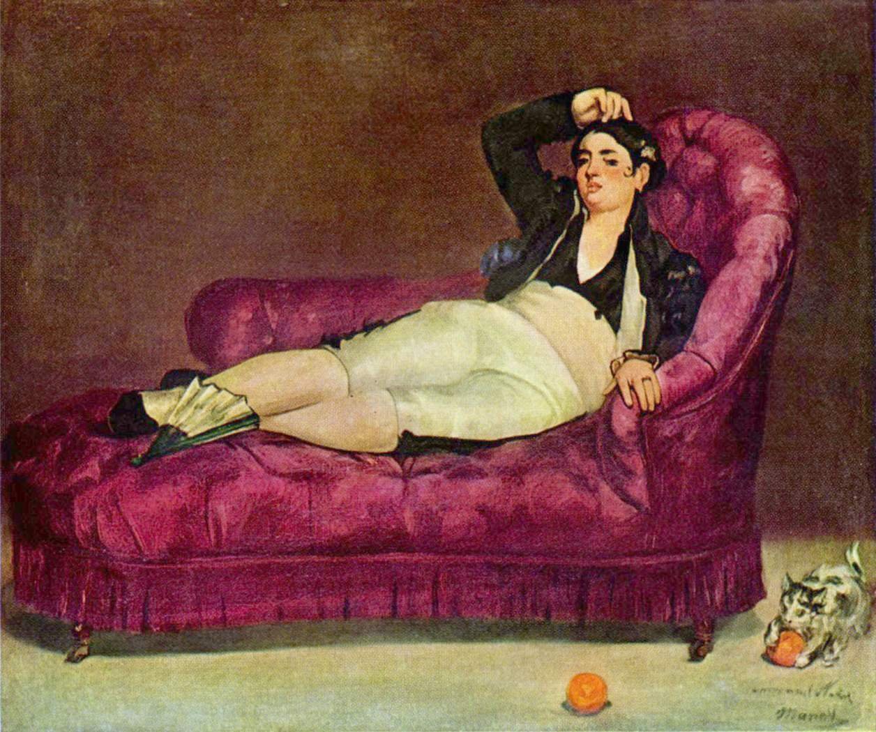 Nuori nainen makaa espanjalaisessa puvussa tekijältä Édouard Manet