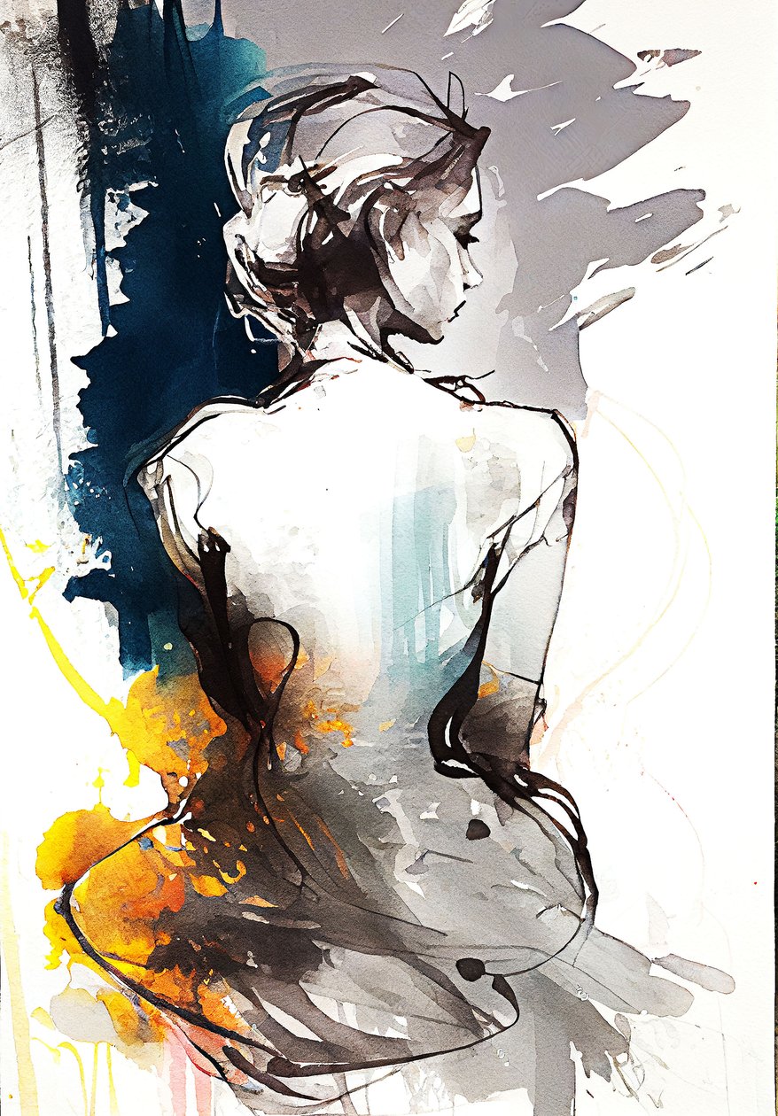 Maalaus istuvasta naisesta, Serenity in Silhouette, canvas-taidevedoksia tekijältä F. Abderrahim