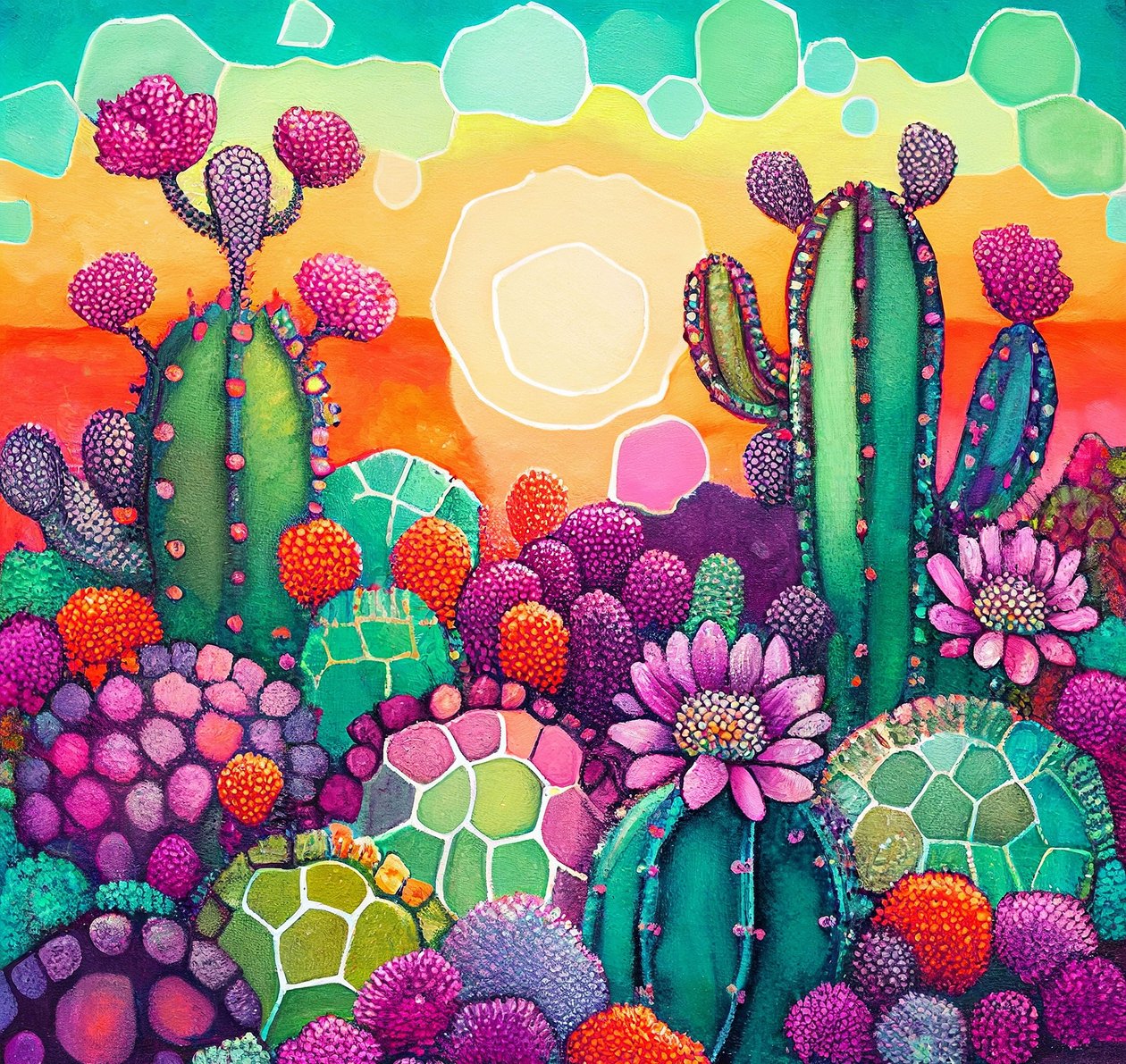 Desert Bloom: värikäs abstrakti maalaus auringonlaskusta kaktustasangoilla tekijältä F. Abderrahim