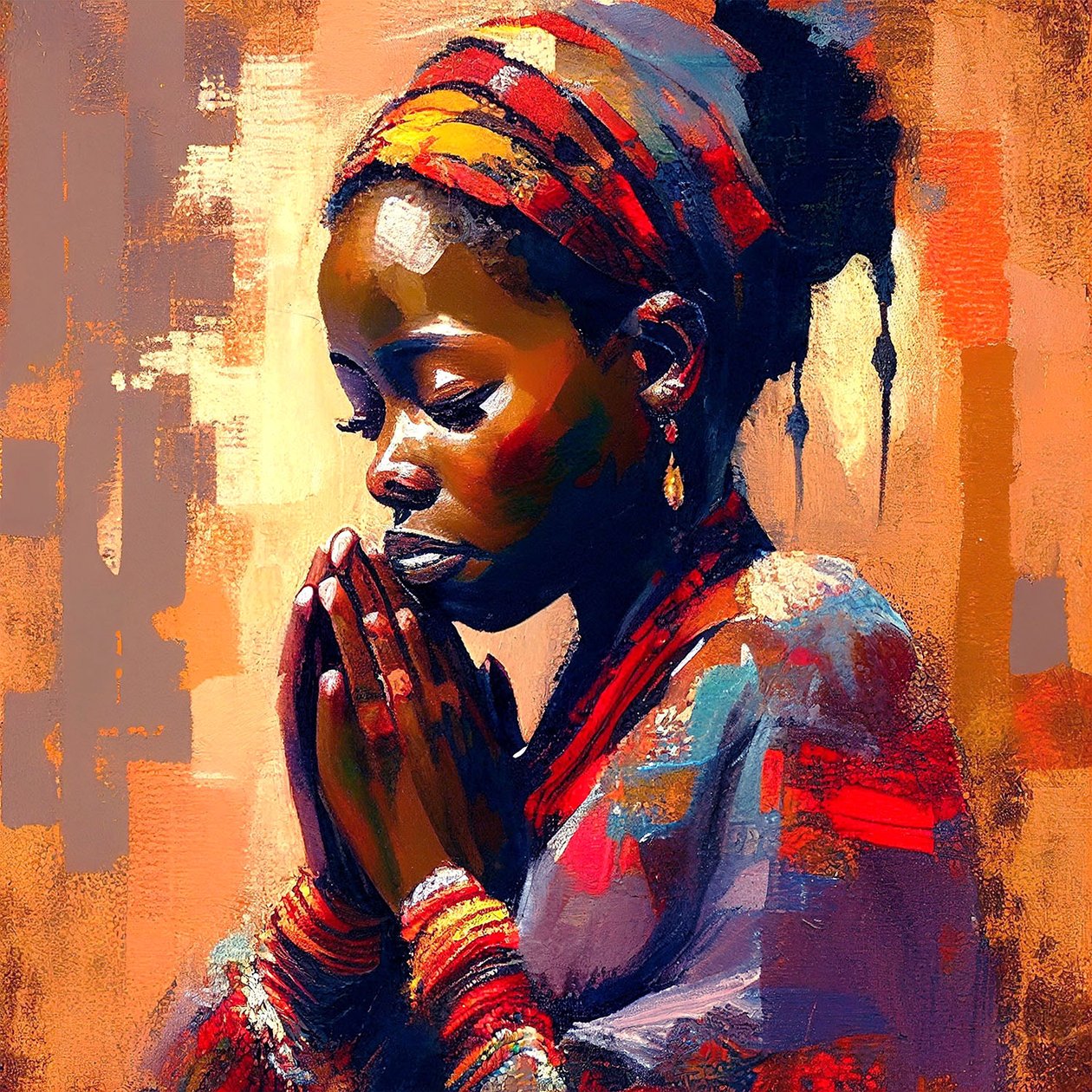Digitaalinen kangasmaalaus: Afrikkalainen tyttö meditaatiossa, seinätaidevedoksia tekijältä F. Abderrahim