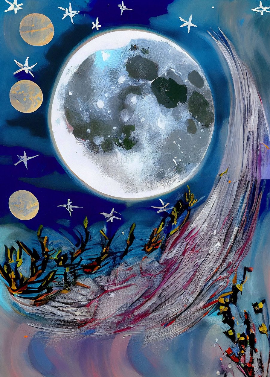 Moon at Night Abstrakti maalaus kankaalle, seinätaidevedoksia tekijältä F. Abderrahim