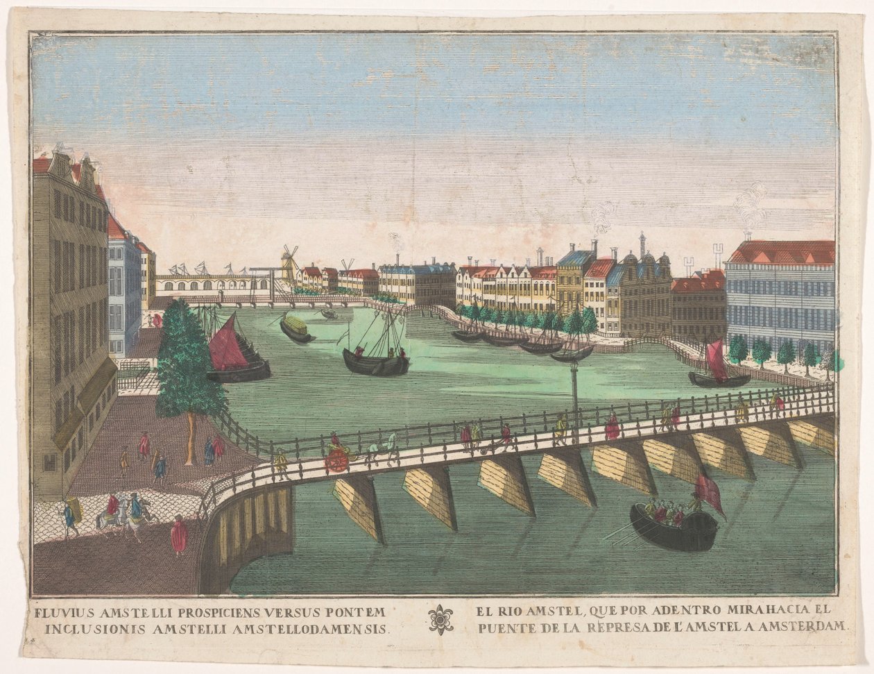 Näkymä Binnen-Amstelille Blauwbrugin ja Hogesluisin välillä Amsterdamissa El rio Amstel, que por adentro mirahacia el puente de la represa de l