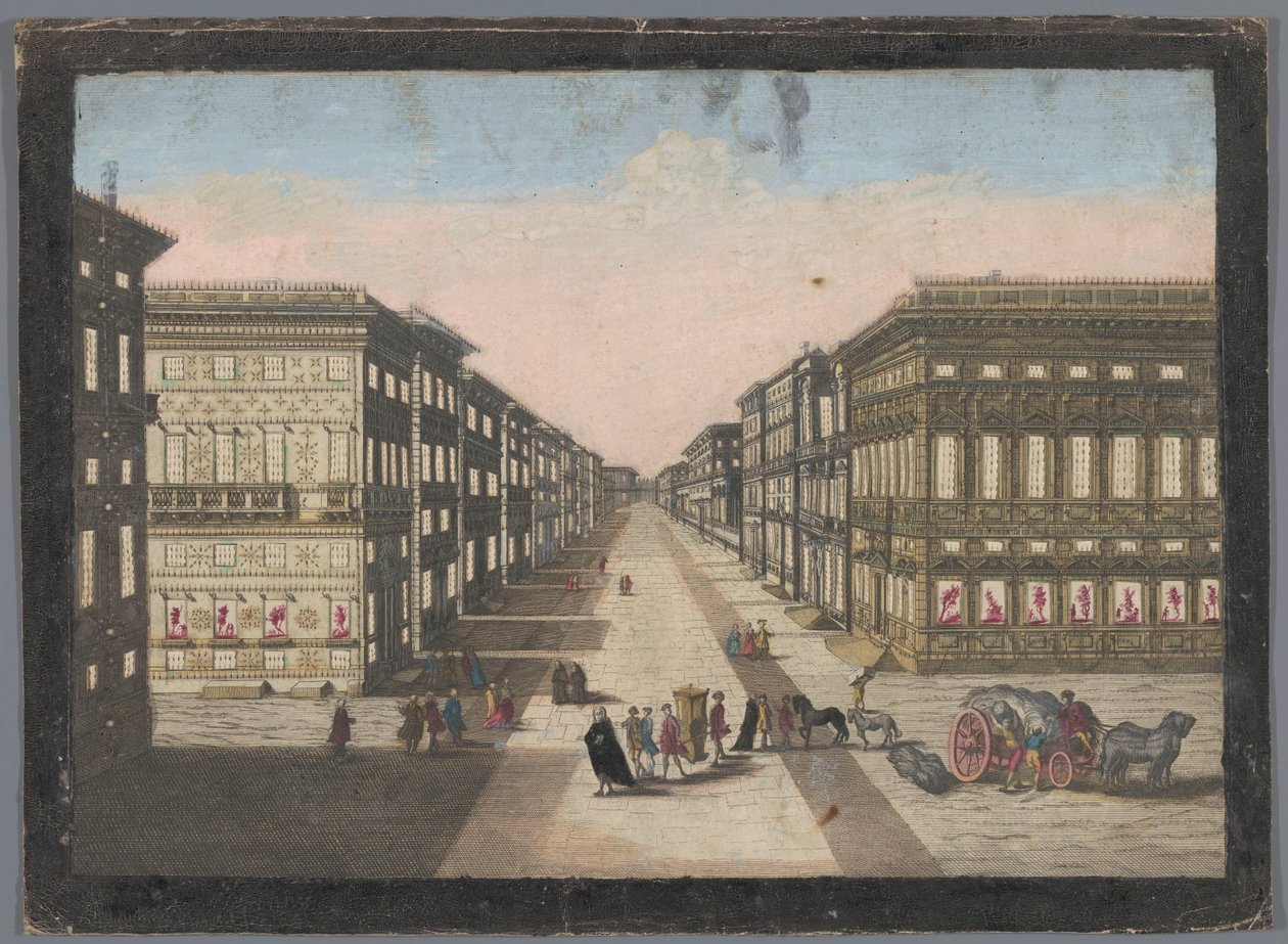 Gezicht op de Strada Nuova te Genua Näkymä Strada Nuovalle tekijältä familie Remondini (attributed to)