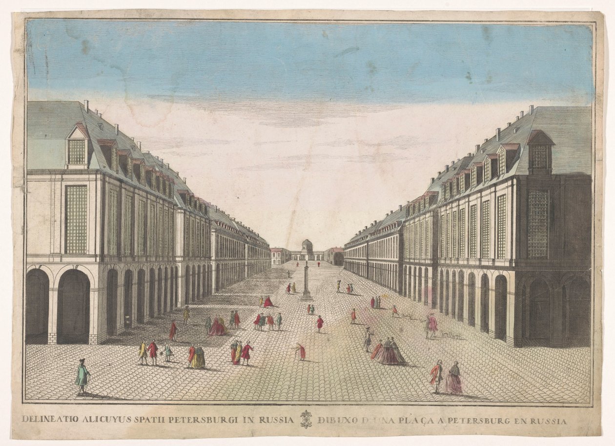Näkymä Pietarin aukiolle Dibujo de una plaça a Petersburg en Russia (otsikko esineessä) tekijältä familie Remondini (attributed to)