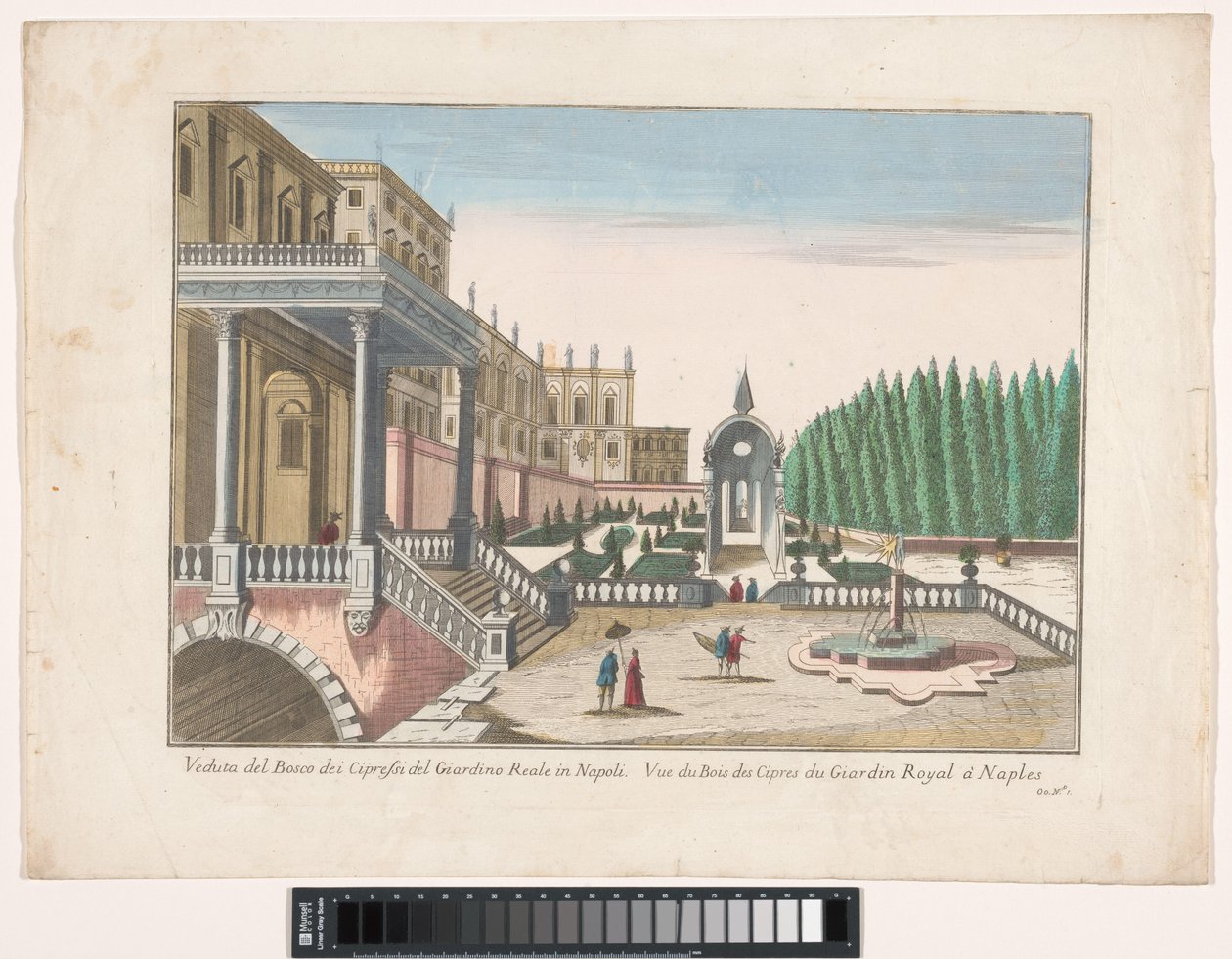 Näkymä Napolin puutarhaan ja kuninkaalliseen palatsiin Veduta del bosco dei cypressi del giardino reale Napolissa (otsikko esineessä) tekijältä familie Remondini (attributed to)