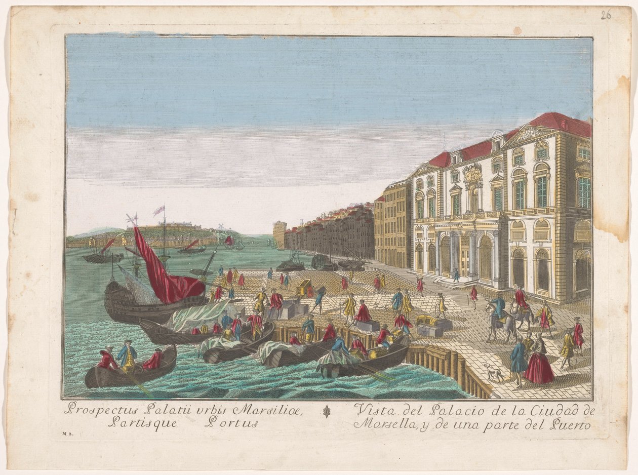 Gezicht op het Stadhuis en de haven te Marseille Näkymä Marseillen kaupunginpalatsille ja osalle satamaa (otsikko esineessä) tekijältä familie Remondini (attributed to)
