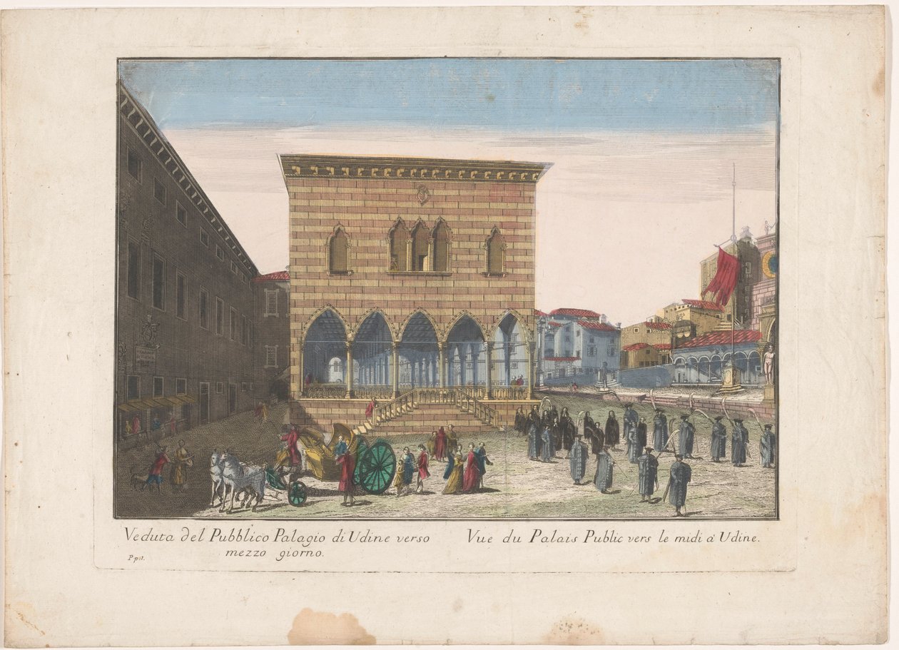 Gezicht op het Stadhuis te Udine Näkymä Udinen julkiselle palagiolle kohti keskipäivää (otsikko esineessä) tekijältä familie Remondini (attributed to)