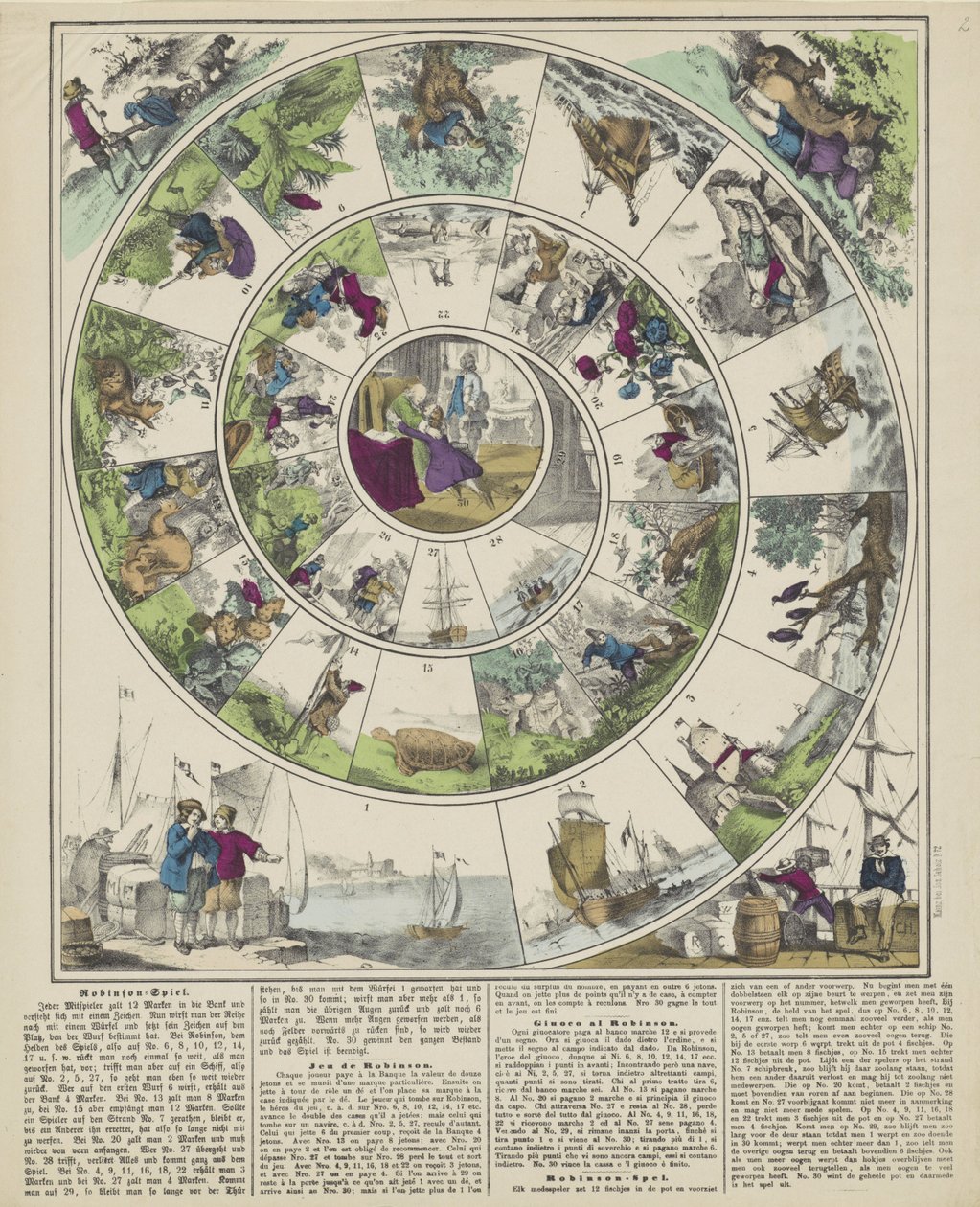 Robinson-Spiel / Jeu de Robinson / Giuoco al Robinson / Robinson-spel (otsikko esineessä) tekijältä firma Joseph Scholz