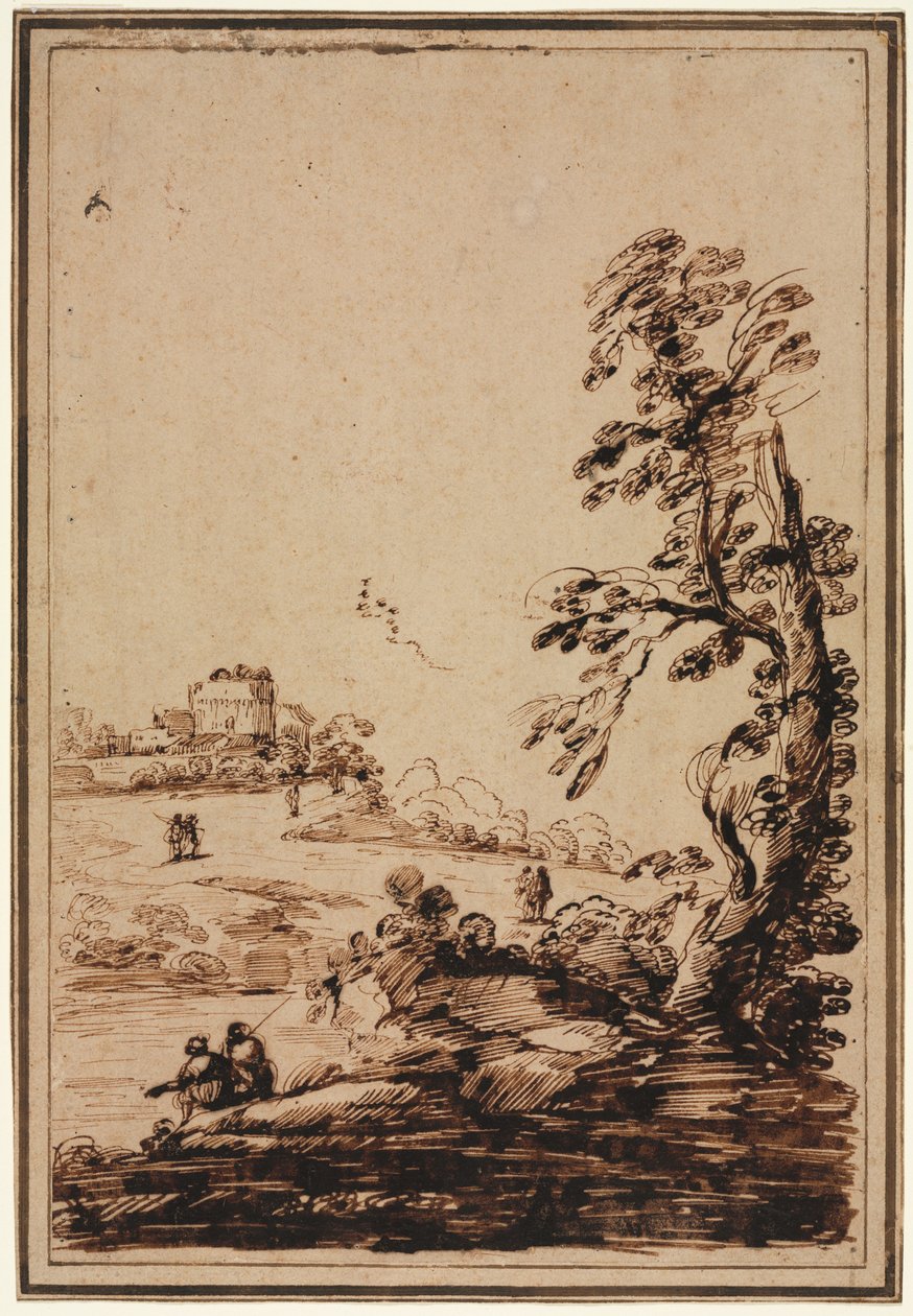 Maisema pienellä rakennusryhmällä tekijältä imitator of Guercino