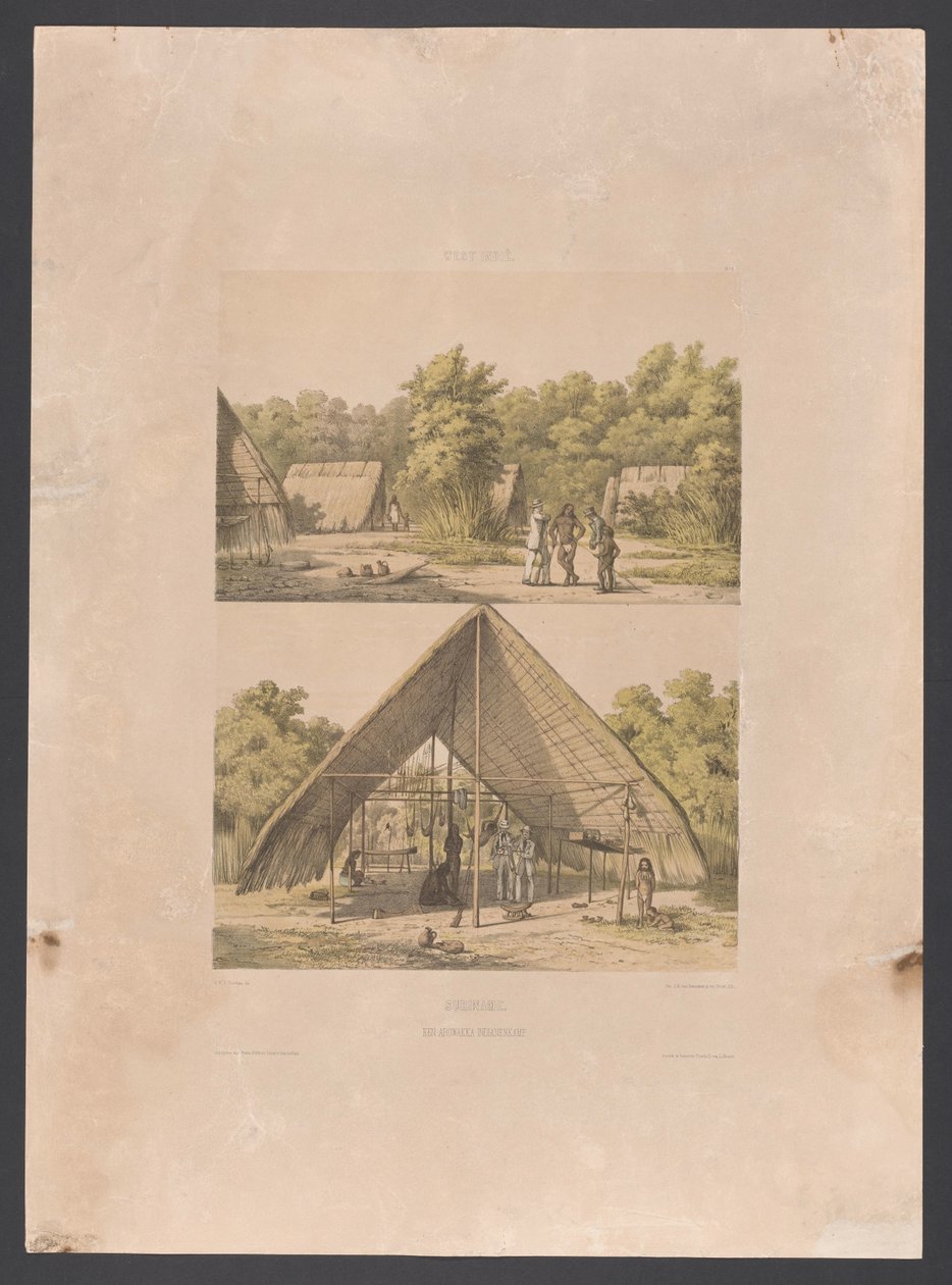 Arowakin leiri Surinamessa Suriname. Arowakka Indian Camp (otsikko esineessä) Länsi-Intia (sarjan nimi esineellä) Näkymiä Alankomaiden Länsi-Intialta (sarjan nimi) tekijältä jonkheer Jacob Eduard van Heemskerck