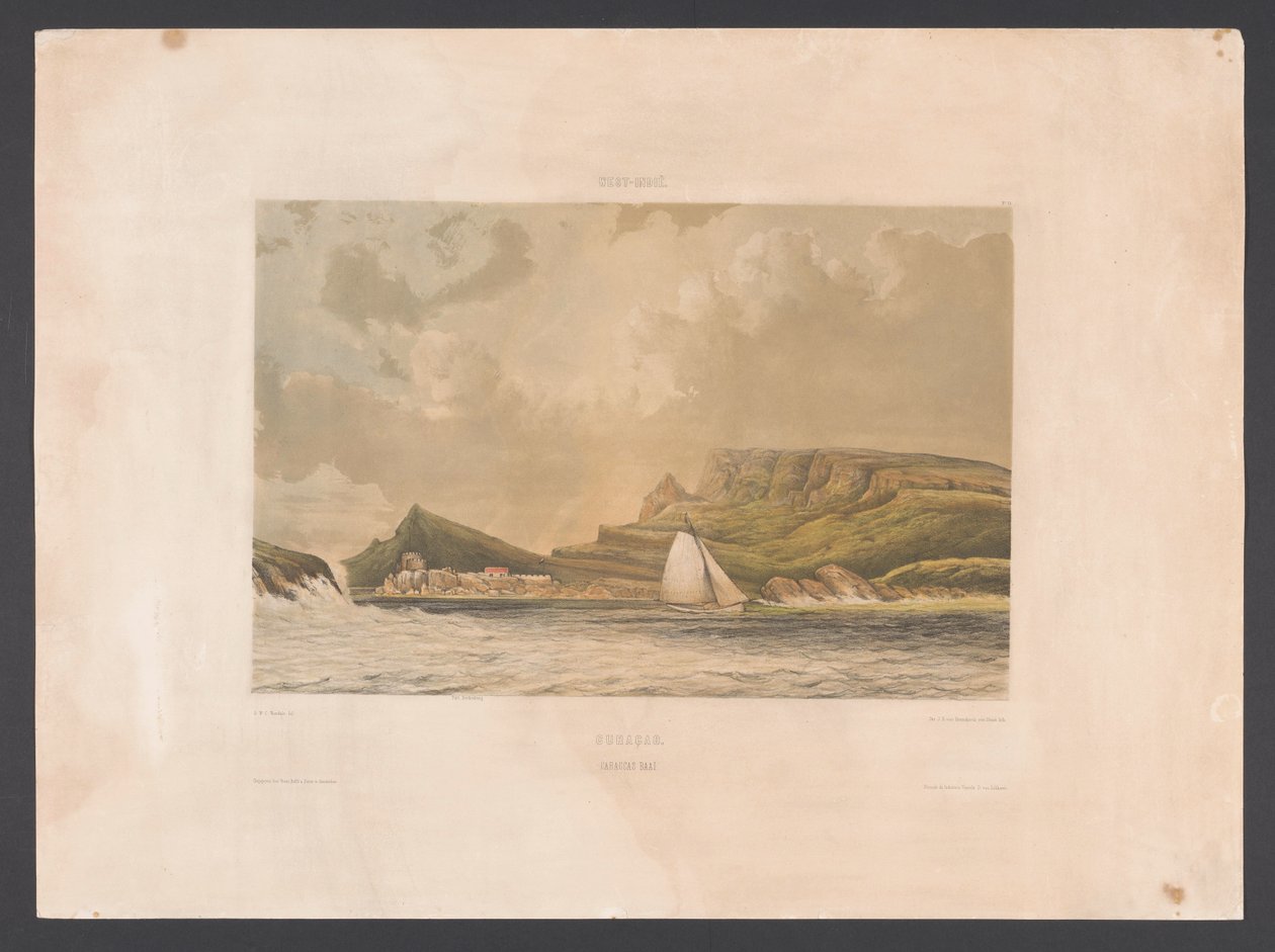 Caracasin lahti Curacao. Caraccasin lahti (otsikko esineessä) Länsi-Intia (sarjan nimi esineellä) Näkymiä Alankomaiden Länsi-Intialta (sarjan nimi) tekijältä jonkheer Jacob Eduard van Heemskerck