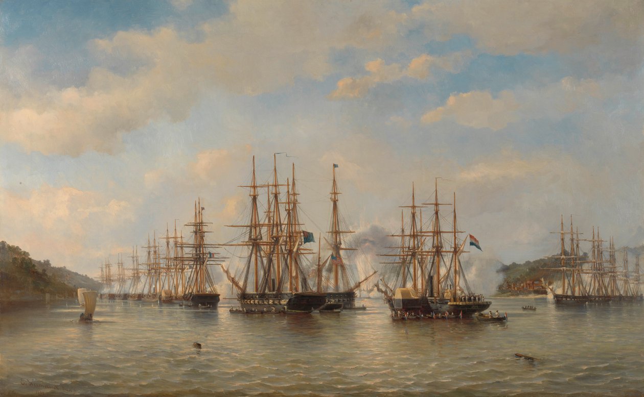 Hollantilaiset, englantilaiset, ranskalaiset ja amerikkalaiset laivueet Japanin vesillä ranskalaisen komentajan Constant Jaurèsin johtaman tutkimusmatkan aikana syyskuussa 1864 tekijältä jonkheer Jacob Eduard van Heemskerck